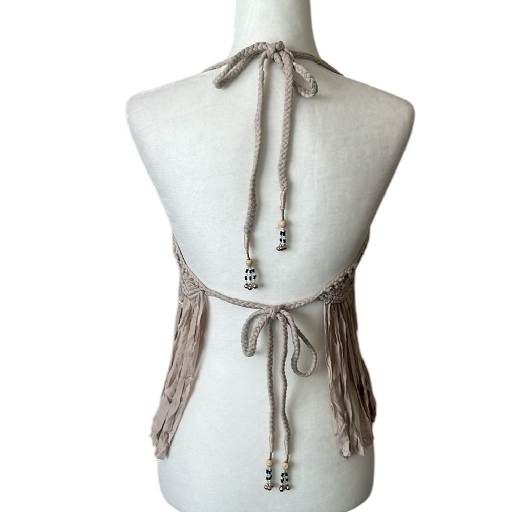 NWT POL Beige Macrame Fringe Halter Top Back Ties Beaded Trim Size Small - Picture 4 of 8